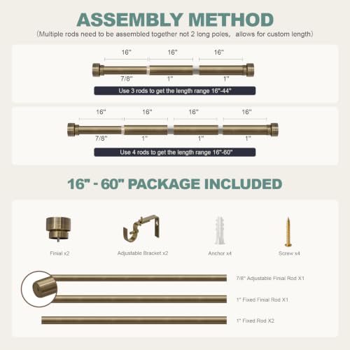 Antique Bronze Curtain Rods for Windows 28 to 48 with Adjustable Brackets Heavy Duty 1" Diameter Window Treatment Rod with Solid Metal Finials for Outdoor Bedroom Kitchen Living Room (Antique Bronze / 16"-60"|1 Pack)