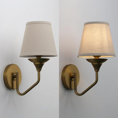 Set of 2 Antique Brass Pipe Curved Stem Funnel Fabric Lampshade Wall Sconce