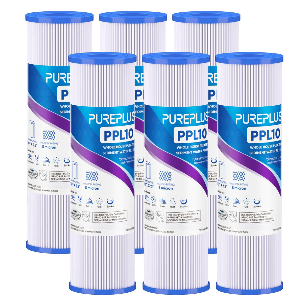 5 Micron 10"x2.5" Whole House Pleated Sediment Filter PPL10 6 Pack (6 Count (Pack of 1))