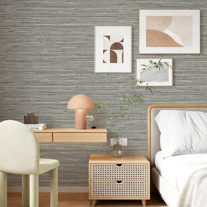 Grasscloth Peel and Stick Wallpaper Faux Linen 17.3in x 196.8in (Gray Green / 17.3inch × 196.8inch)