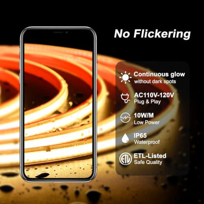 AC 120V ETL COB LED Strip Light 6500K Cool White IP65 32.8FT (32.8FT)