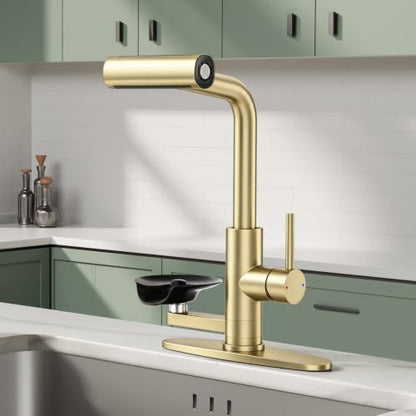 Waterfall Kitchen Faucets with Glass Rinser & Pull Down Sprayer