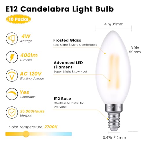 Dimmable LED Candelabra Bulb 40 Watt E12 Frosted Glass Light Bulb (Frosted-4w-10 Pack)