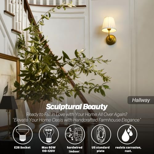 Vintage Wall Sconce Light Brass Gold Bathroom Vanity Light with Cotton Fabric Shade Hardwire Wall Sconce Lamp for Bedroom Living Room Bathroom Hallway Indoor