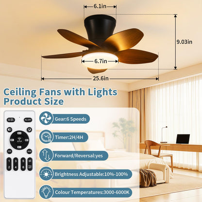 Small Ceiling Fan with Lights (Dark wood grain / 25 Inch)