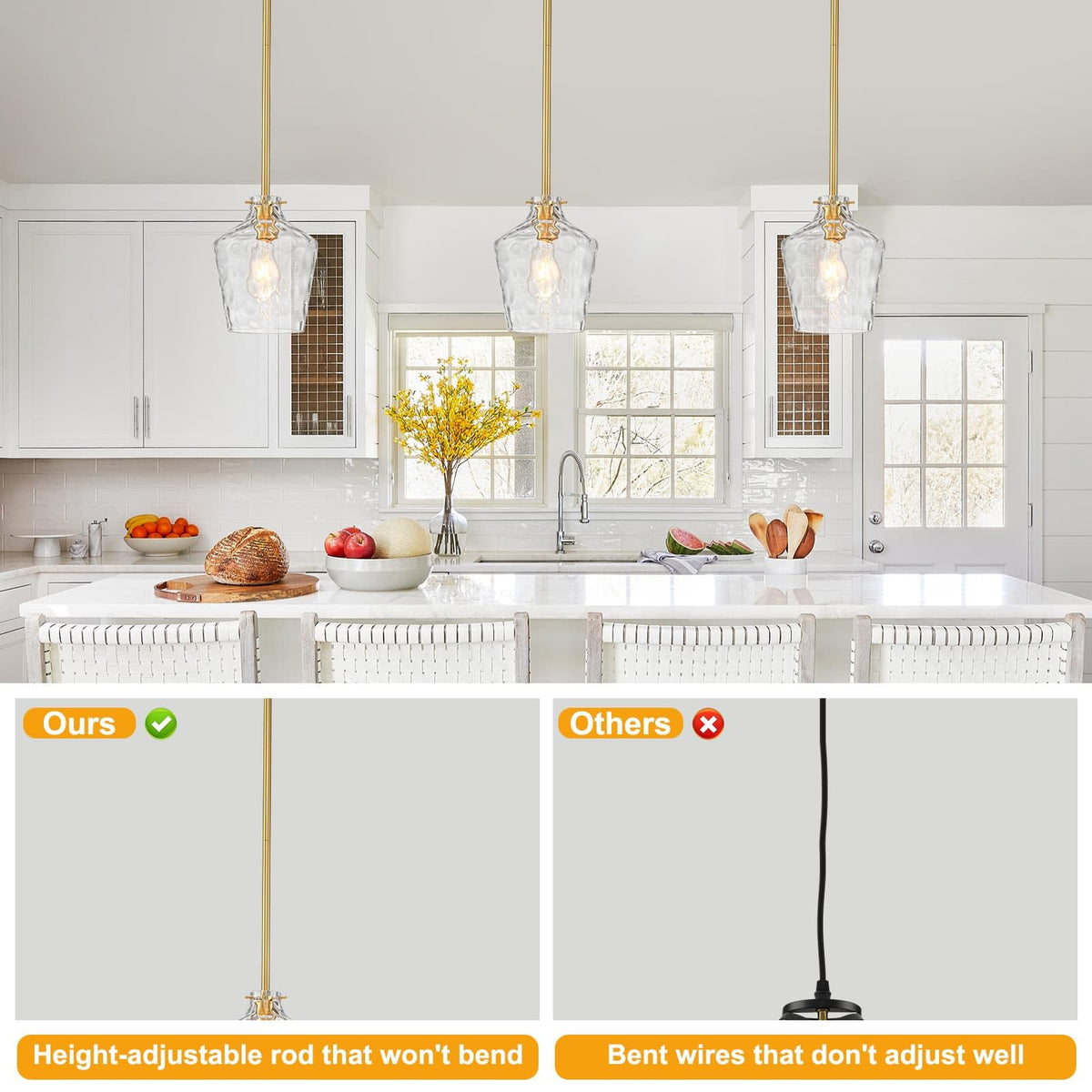 Modern Hammered Glass Pendant Lighting for Kitchen Island (Gold-Rods / 7.75")