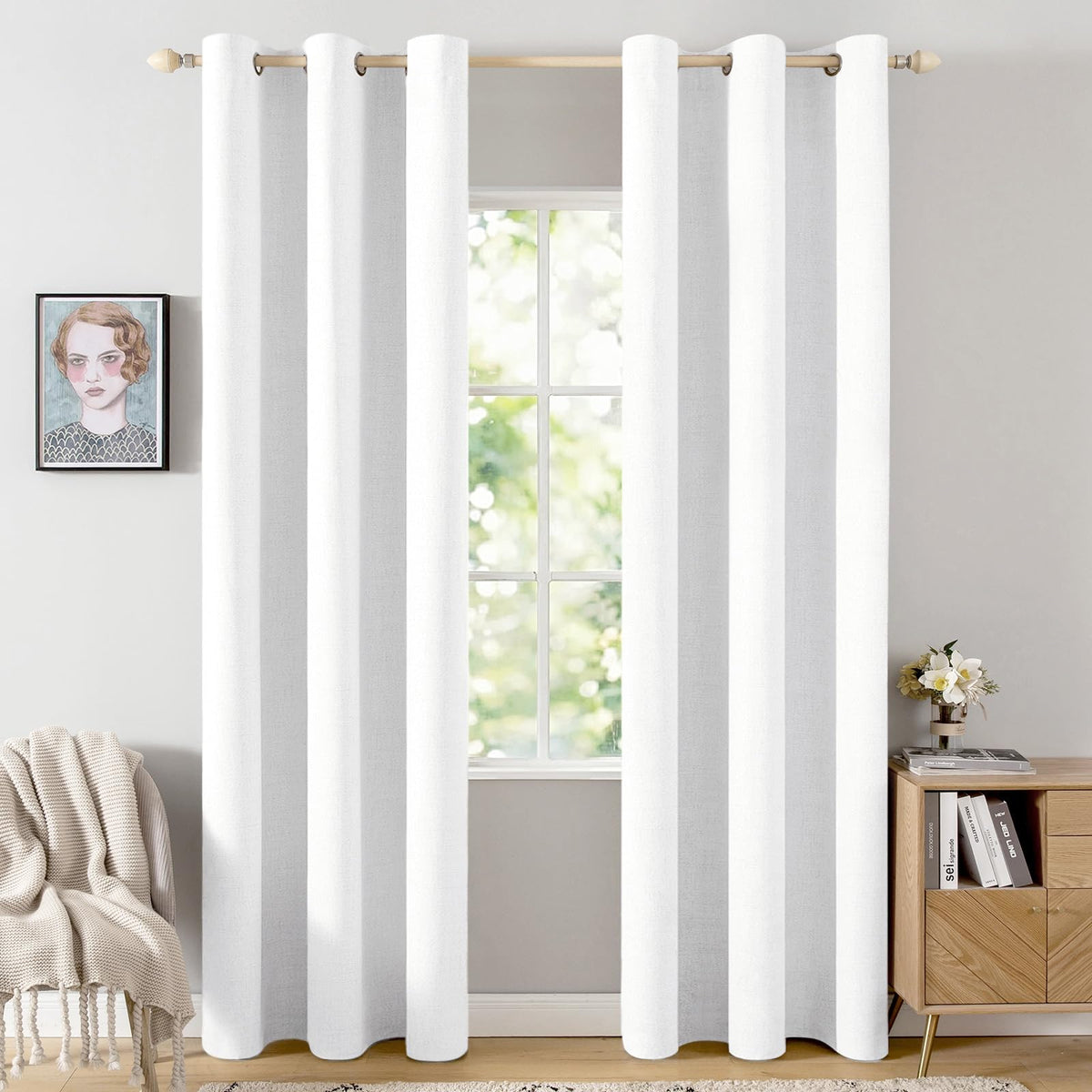 100% Blackout Linen Curtains for Bedroom 42x84 Inches Bright White (Bright White / 42"W x 84"L (Pack of 2))