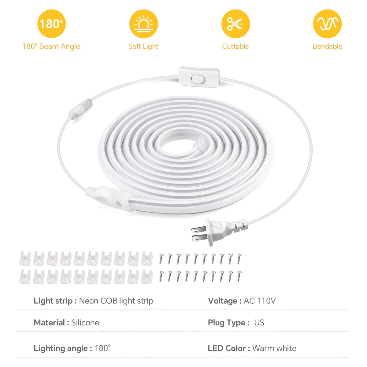 Neon LED Strip Lights Outdoor Waterproof AC 110V Silicone (Warm White)