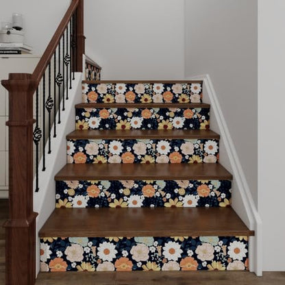 17.7" x 118" Boho Peel and Stick Wallpaper Navy Blue Flower Leaf Vintage Floral Wallpaper Contact Paper Removable Self Adhesive Wall Paper for Cabinets Bedroom Wall Decorative (Navy Blue/Multicolor / 17.7" x 118")