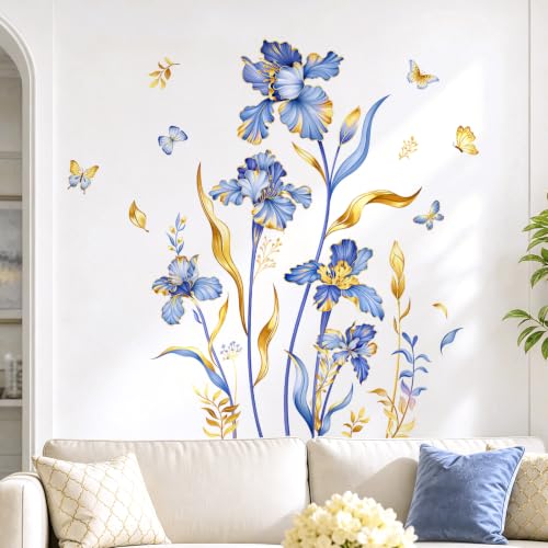 Large Purple Gold Flower Wall Decals Iris Floral Butterfly Plants Leaves Wall Stickers Peel and Stick Art Decor for Bedroom Living Room Sofa TV Background Home Furniture