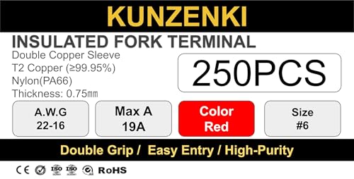 250pcs Nylon PA66 Insulated Fork Terminals (RED(A.W.G22-16) / #6(M3.5))