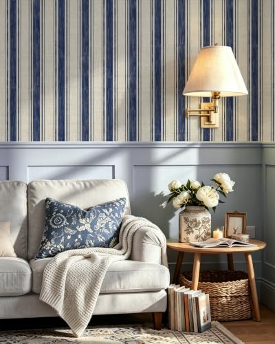 Wallpaper Peel and Stick Blue and Cream White Hand (Blue and Cream White / 17.3"W x 78.7"L)