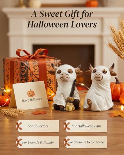 2 Resin Cow Ghost Figurines Halloween Tabletop Decor (Highland Cow Ghost)