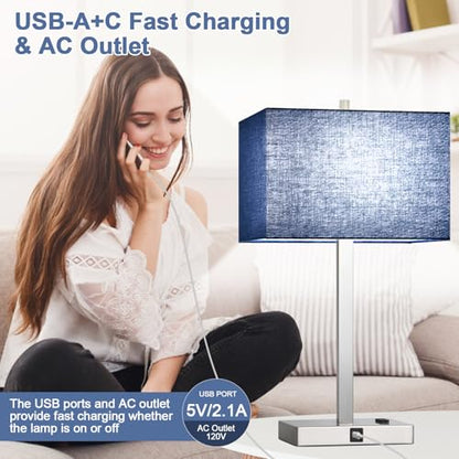 21" Set of 2 Touch Control Table Lamps with 2 USB & AC Outlets