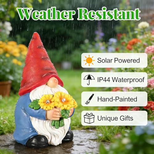Solar Garden Gnome Statue with Lighted Sunflower Bouquet for Outdoor Decor