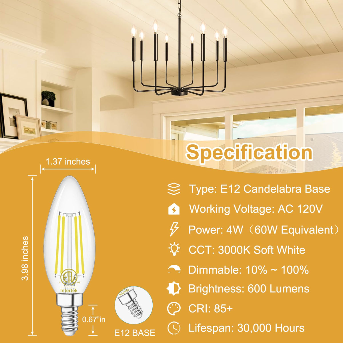 24 Pack E12 Chandelier LED Light Bulbs 60W Equivalent 3000K Warm White (24 Count (Pack of 1))