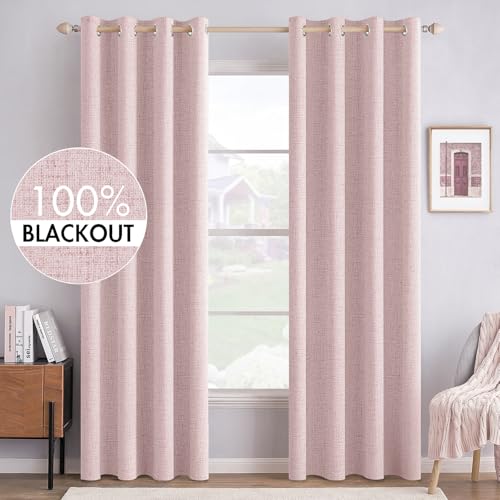 100% Blackout Linen Curtains for Bedroom 52x72 Inches Pink (Pink / 52"W x 72"L (Pack of 2))