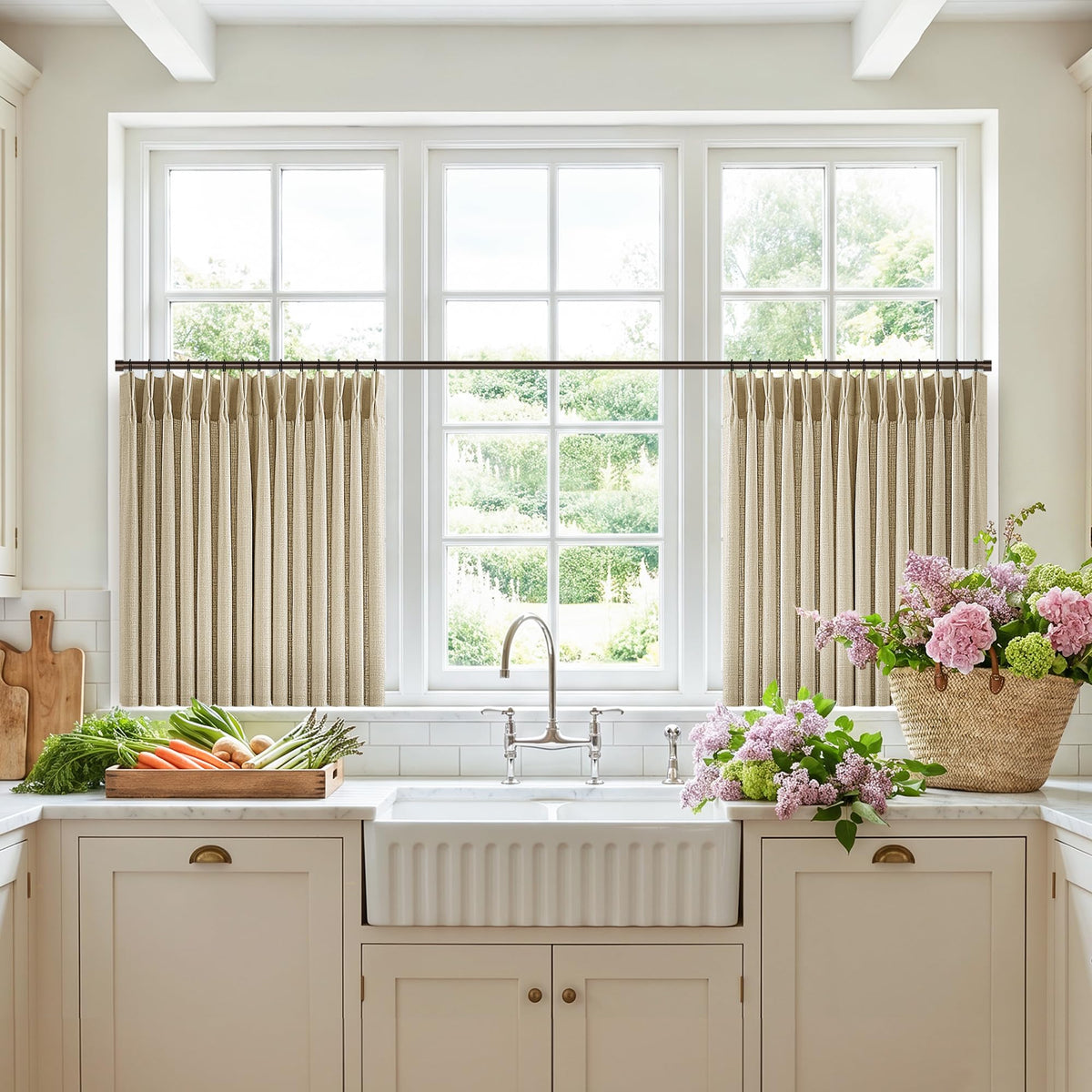 Oatmeal Thick Linen Pinch Pleat Kitchen Curtains 24 Inches Long 2 Panels (Oatmeal / 40"W x 24"L (Pack of 2))