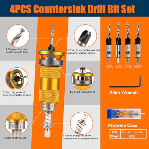 Countersink Drill Bit Set with Adjustable Depth Stop