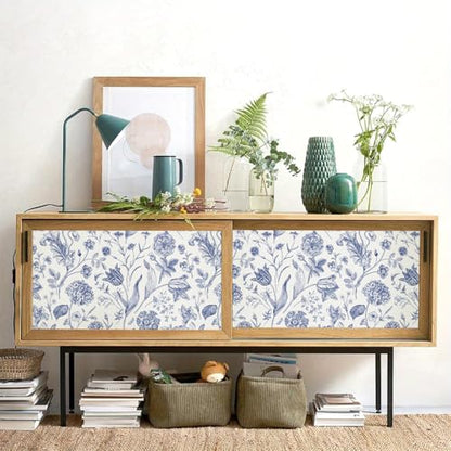 White and Blue Floral Peel and Stick Wallpaper Vintage 17in x 118in (Blue / 16.9" x 118.1")