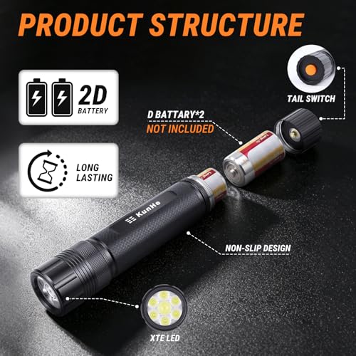 2D Cell Battery Large Flashlight High Lumen Aluminum Alloy Heavy Duty Handheld Flashlight Battery Not Included