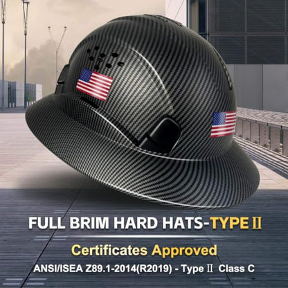 ANSI Type II Class C Full Brim Hard Hats Carbon Fiber Pattern Safety Helmet Vented Top and Sides