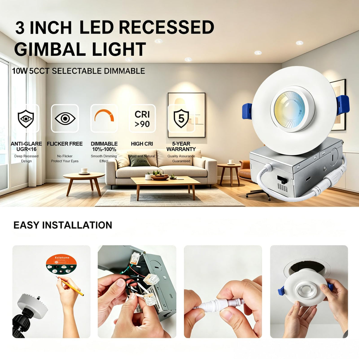 3 Inch LED Eyeball Gimbal Recessed Shower Light (6P-White / 3 Inch)