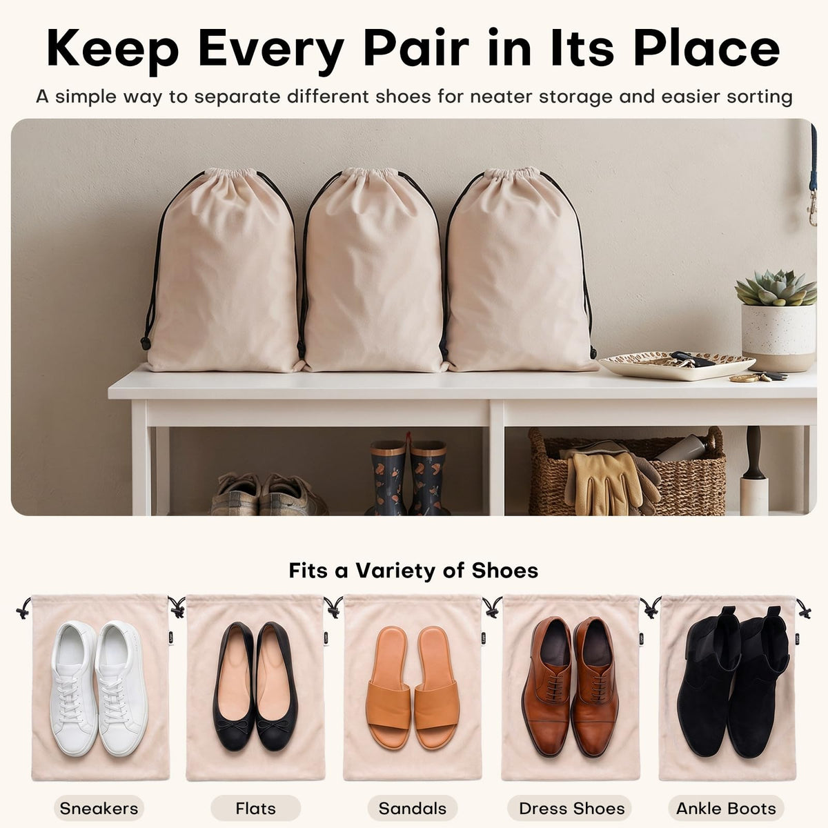 4 Pack Velvet Cloth Shoe Bags for Travel & Packing for Women & Men (Camel Beige)