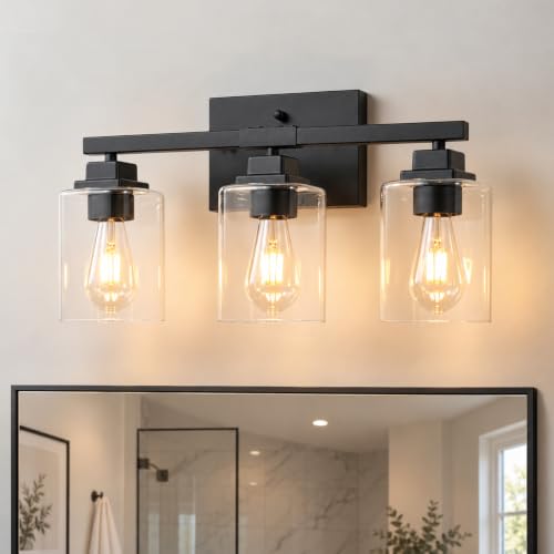Matte Black Bathroom Light Fixtures (Black-Clear Shade / 3-Light)