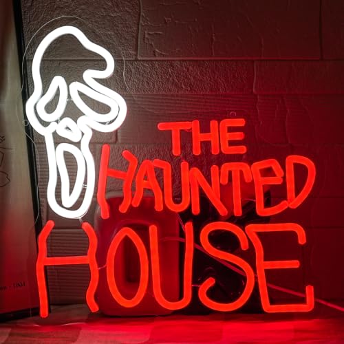 Haunted House Halloween Neon Sign for Wall Decor Halloween Neon Light Ghostface LED Sign Red Letter Neon Wall Sign Dimmable Goth LED Light for Party Game Room Bar Halloween Decor (Haunted House)