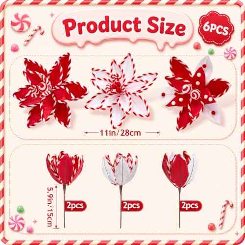 6 PCS Red Candy Cane Poinsettia Picks Artificial Christmas Flowers (Red)