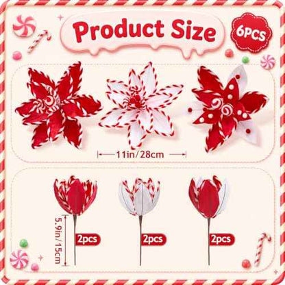 6 PCS Red Candy Cane Poinsettia Picks Artificial Christmas Flowers (Red)