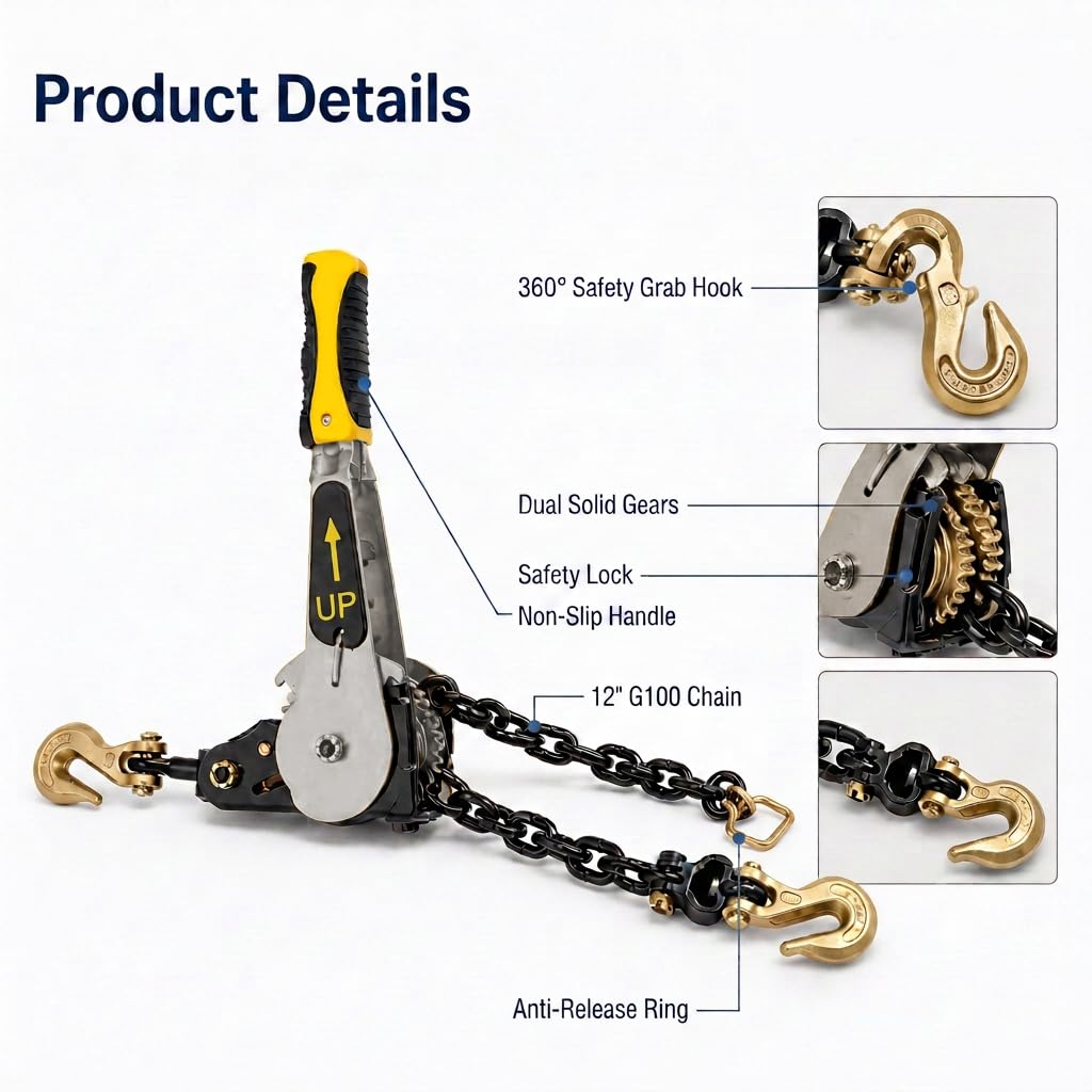 4 Pack 3/8"-1/2" EZ Ratchet Chain Binder with G70 Grab Hooks, Ratchet Load Binder Kit, 6600 lbs WLL Heavy Duty Cargo Tie Down for Flatbed Trailers & Trucks (3/8" - 1/2"(4 Pack))