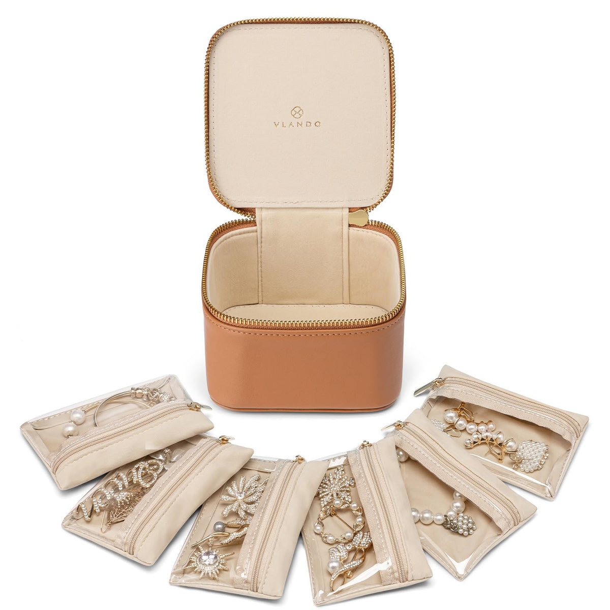 Travel Jewelry Organizer with 6 Clear Velvet Zipper Pouches (E.6 PCS Brown)