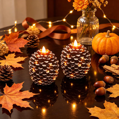 Pine Cone Flameless Candles with 6H Timer String Lights (2-White with string)