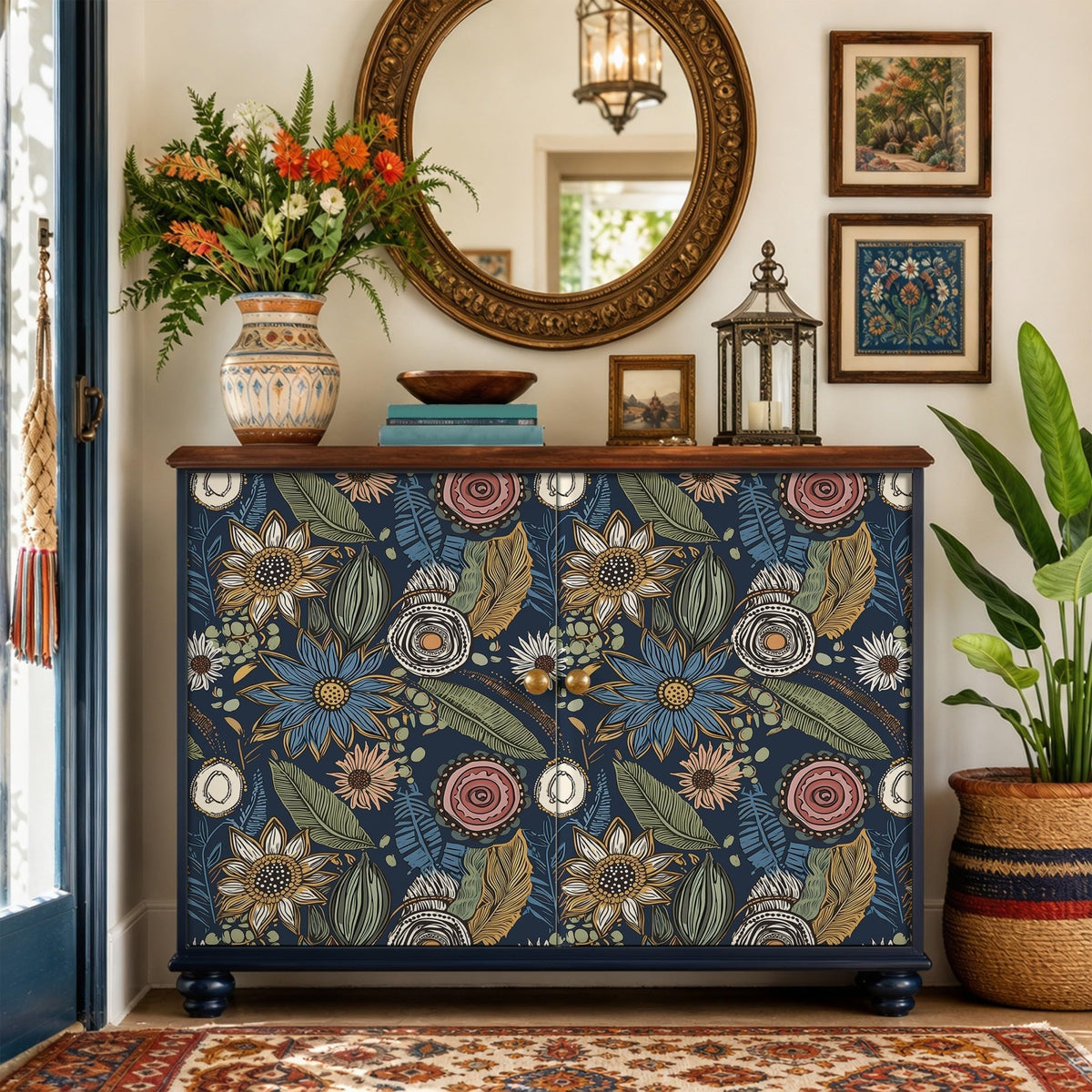 Vintage Dark Blue Boho Floral Peel and Stick Wallpaper 17.4"x78.8" (Blue with Pink / 17.4" x 78.8")