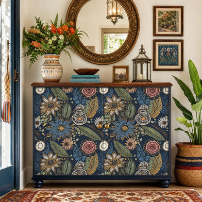 Vintage Dark Blue Boho Floral Peel and Stick Wallpaper 17.4"x78.8" (Blue with Pink / 17.4" x 78.8")