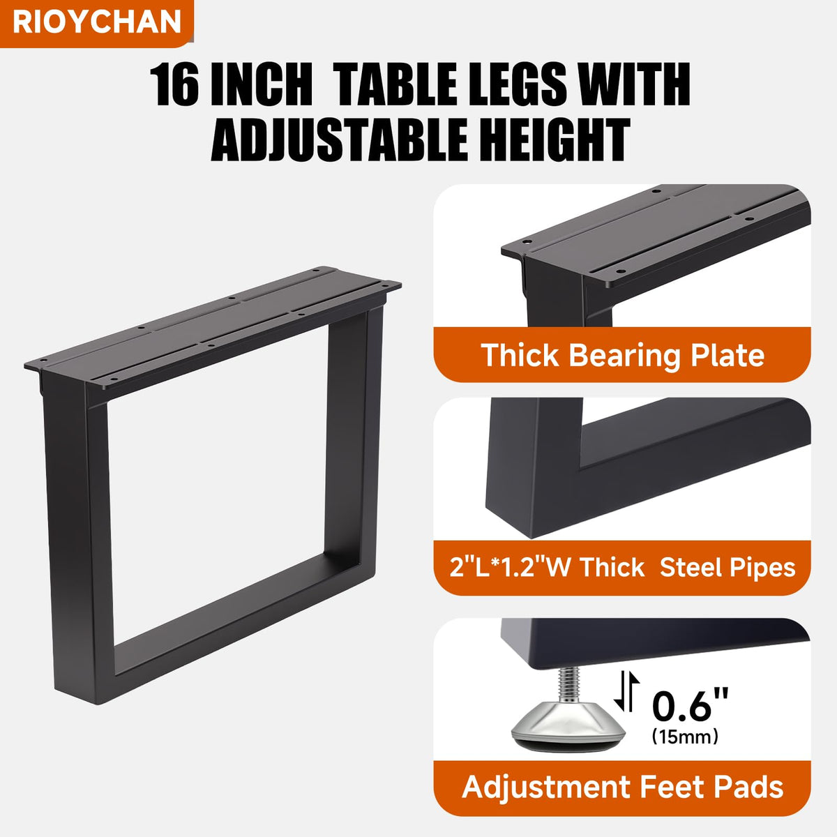 Metal Coffee Table Legs 16" H x 17.7" W Heavy Duty Set of 2 Black (H16" × W17.7" Square)