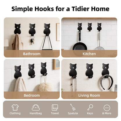 Stainless Adhesive Shower Hooks for Bathroom (Black - Cat)
