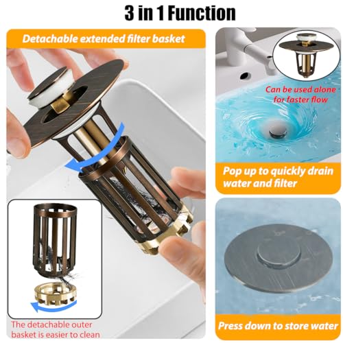 3 in 1 Pop Up Bathroom Sink Stopper (Oil Rubbed Bronze)