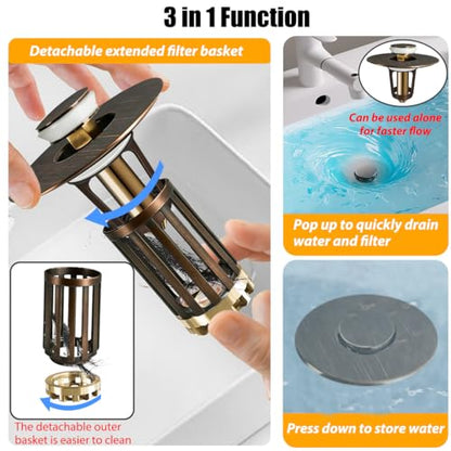 3 in 1 Pop Up Bathroom Sink Stopper (Oil Rubbed Bronze)