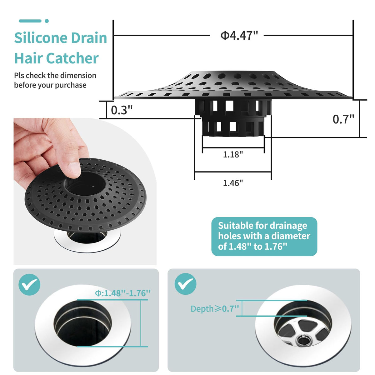 Bathtub Drain Hair Catcher (‌dark Black)