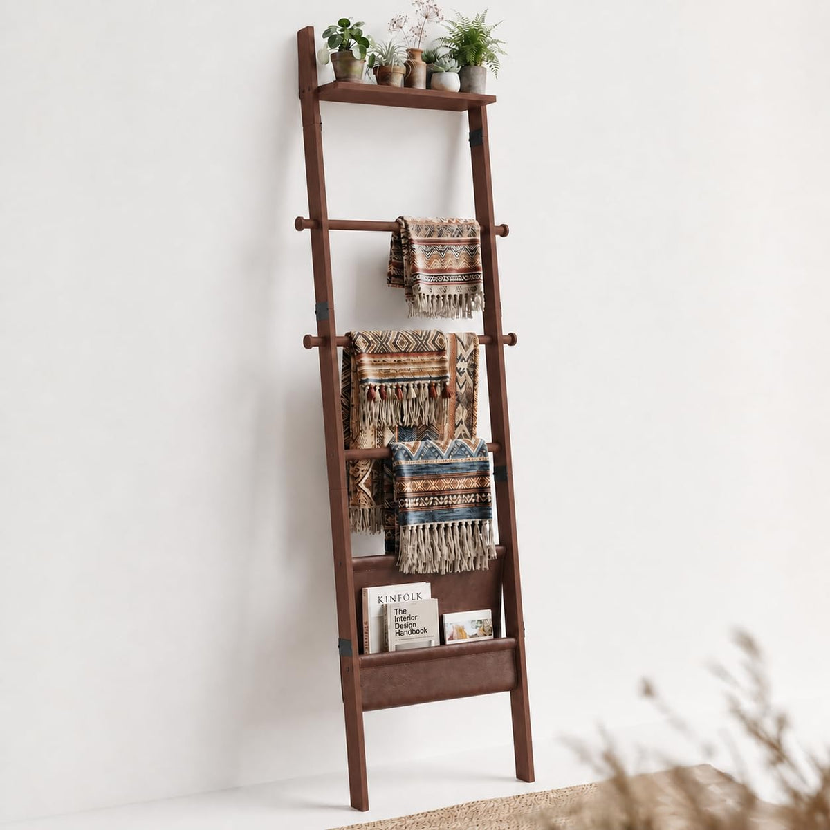 71" 4-in-1 Blanket Ladder for Living Room, 5-Tier Leaning Bamboo Decorative Towel & Quilt Rack with Magazine Leather Pocket, 4 Detachable Hanging Bars, Space-Saving Shelf for Bedroom (Brown) (Brown)