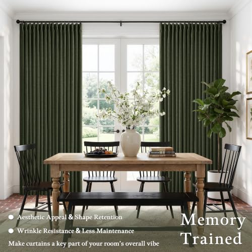 Olive Green Pleated Linen Blackout 102 Inch Loden Curtains for Living Room (Loden / 50"W x 102"L (Pack of 2))