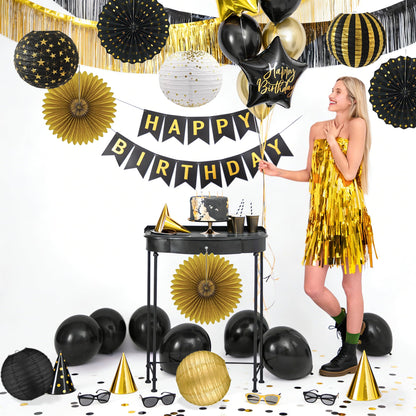 Black Gold Party Decorations Paper Fans Streamers Lanterns (Black and Gold)