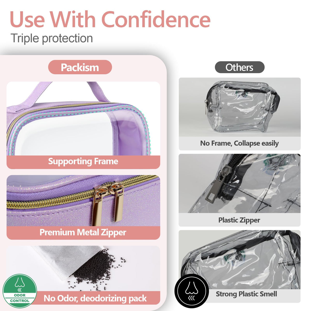 Clear Makeup Bag Travel (2 Pack Glitter Textured Purple / Hybrid Traveler (1 Large & 1 Medium - Soft))