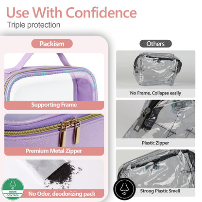 Clear Makeup Bag Travel (2 Pack Glitter Textured Purple / Hybrid Traveler (1 Large & 1 Medium - Soft))