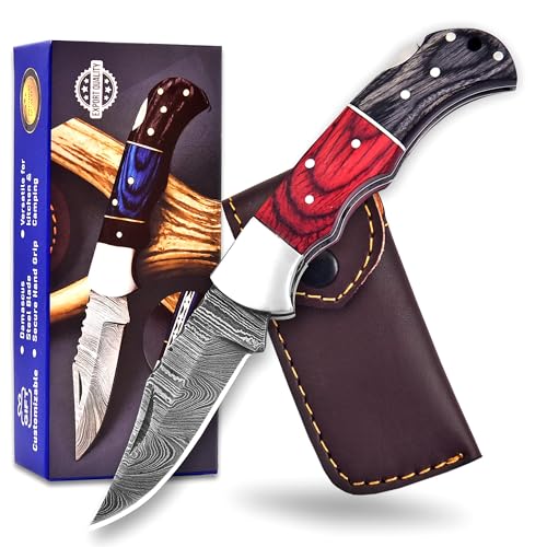 Damascus Pocket Folding Knife with Blue & Black Wooden Handle & Leather Sheath