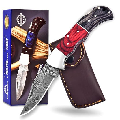 Damascus Pocket Folding Knife with Blue & Black Wooden Handle & Leather Sheath