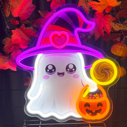 Halloween Ghost Neon Sign Dimmable Cute Witch Hat Ghost Led Neon Light (Colorful-Witch)